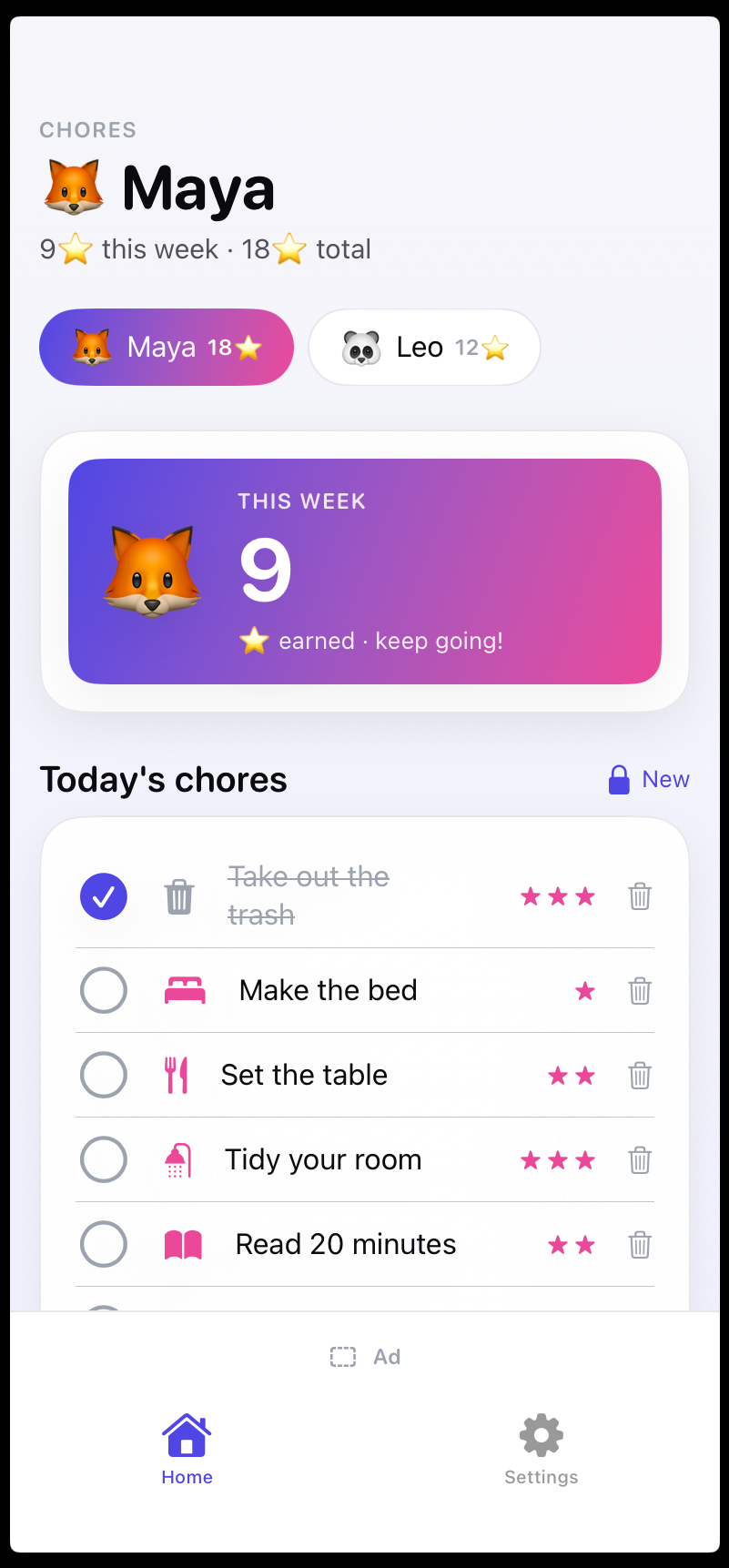 Chore Board — home screen