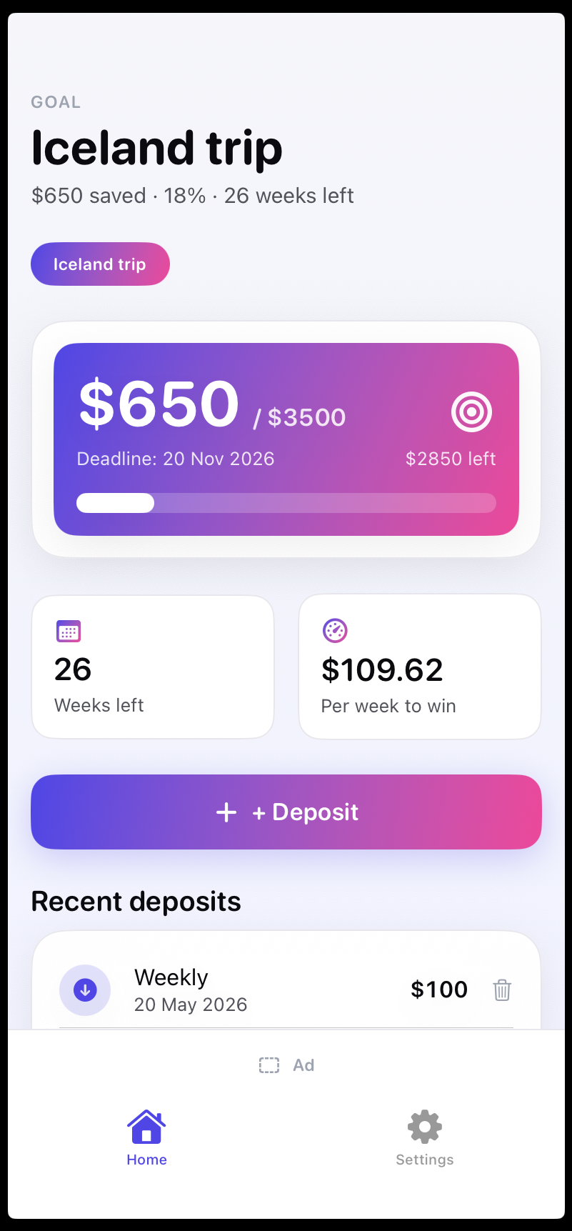 Savings Goal — home screen